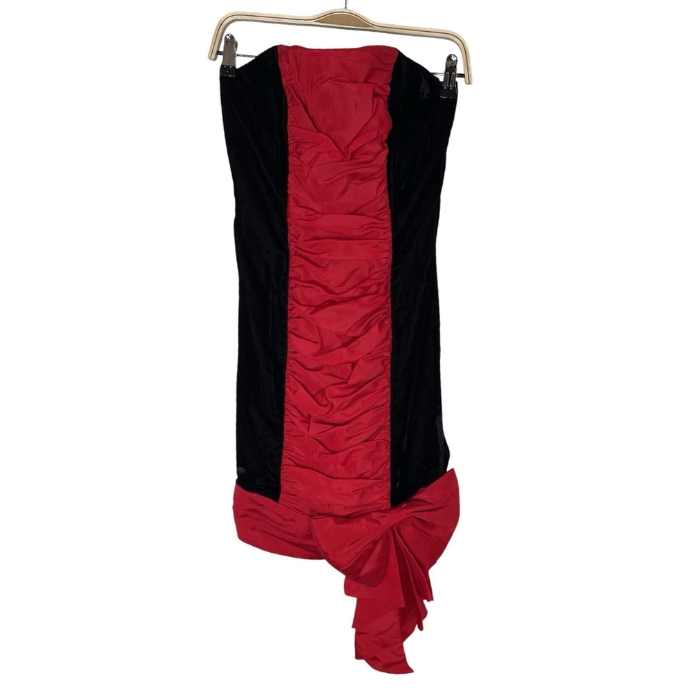 VTG 80s Prom Dress Roberta Strapless Black Velvet Big Red Bow SZ 9/10